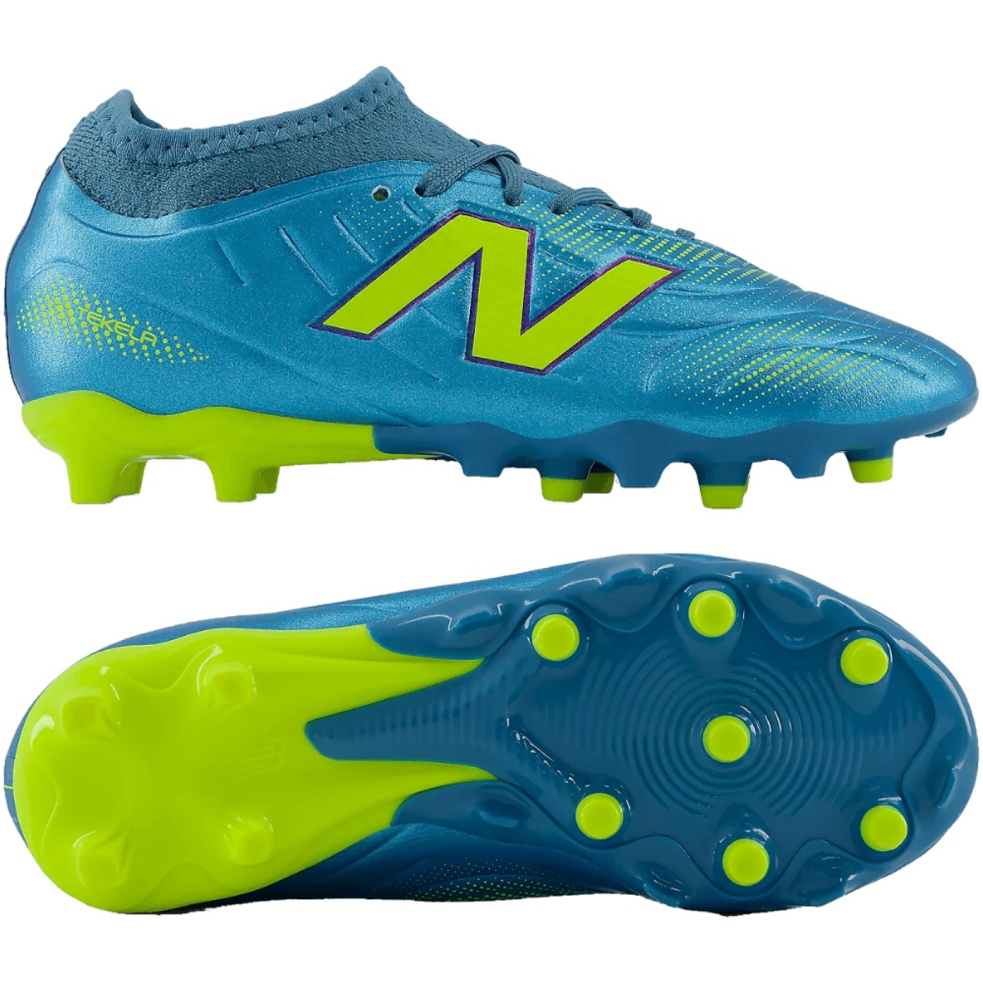 New Balance Tekela V5 Team Low Gras Voetbalschoenen (FG) Kids Metallic Blue Geel
