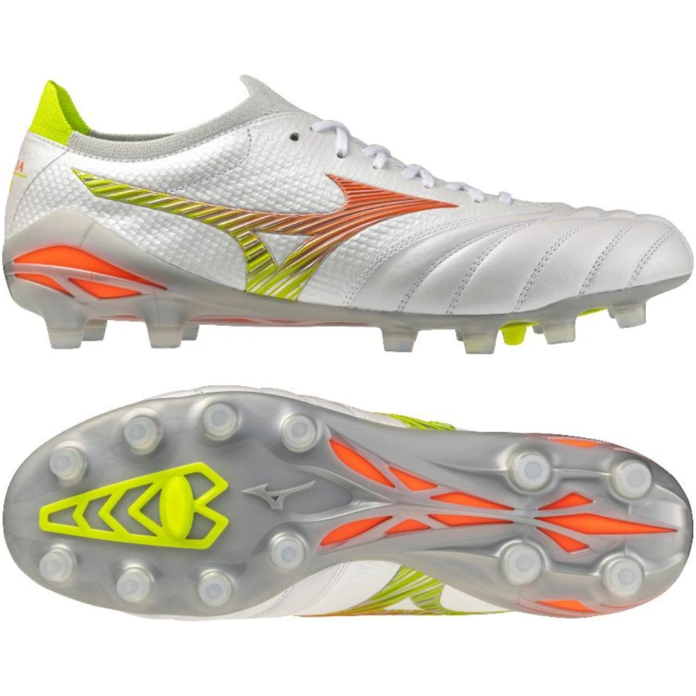 Mizuno Morelia Neo V Beta Japan Gazon Naturel Chaussures de Foot (FG) Blanc Orange Lime
