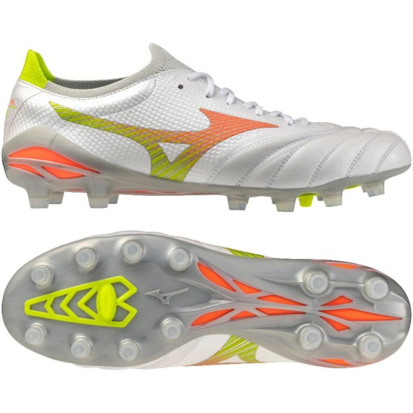 Mizuno Morelia Neo V Beta Elite Gras Voetbalschoenen (FG) Wit Oranje Limoen
