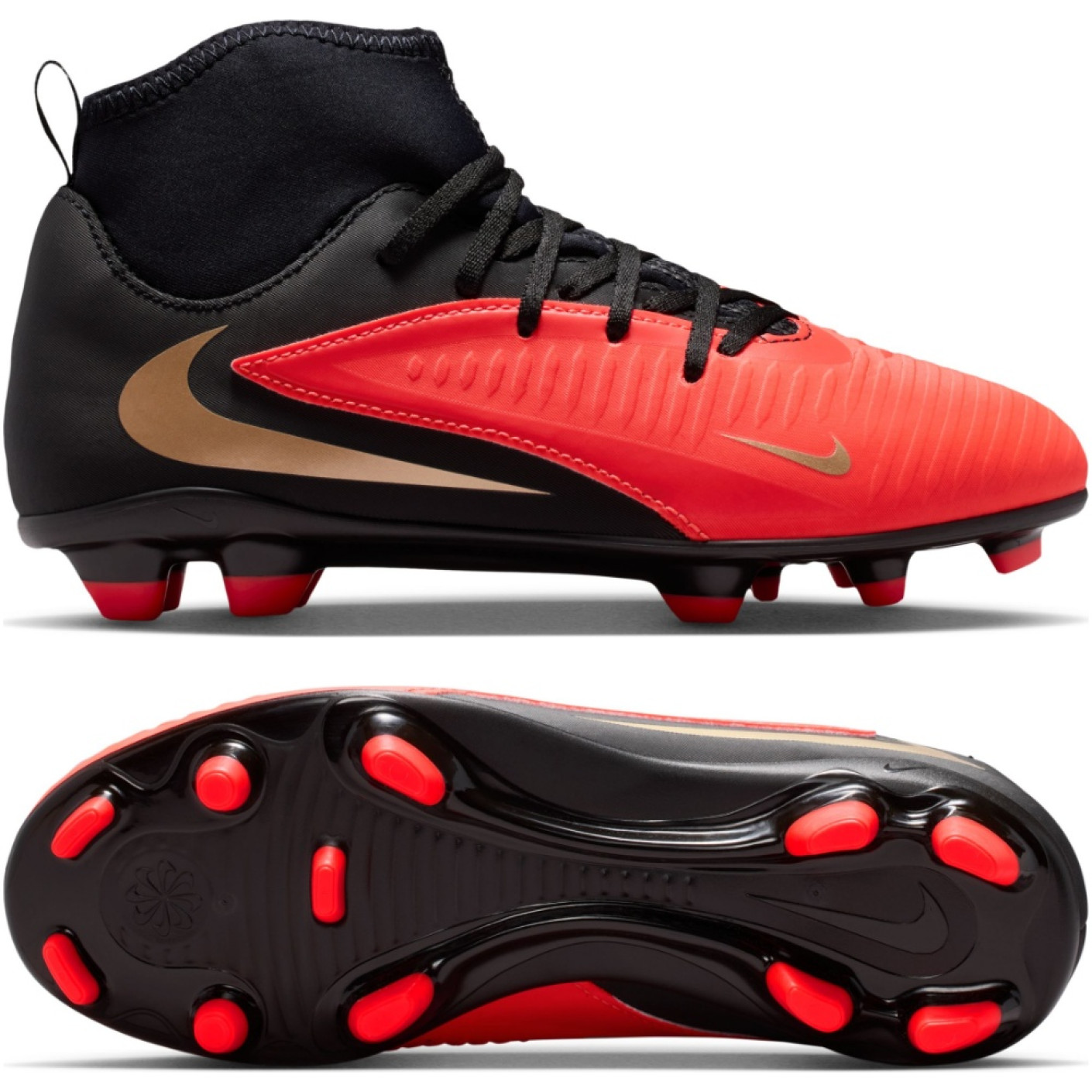 Nike Phantom 6 High Club Gazon Naturel Artificiel Chaussures de Foot (MG) Enfants Noir Rouge Vif Doré