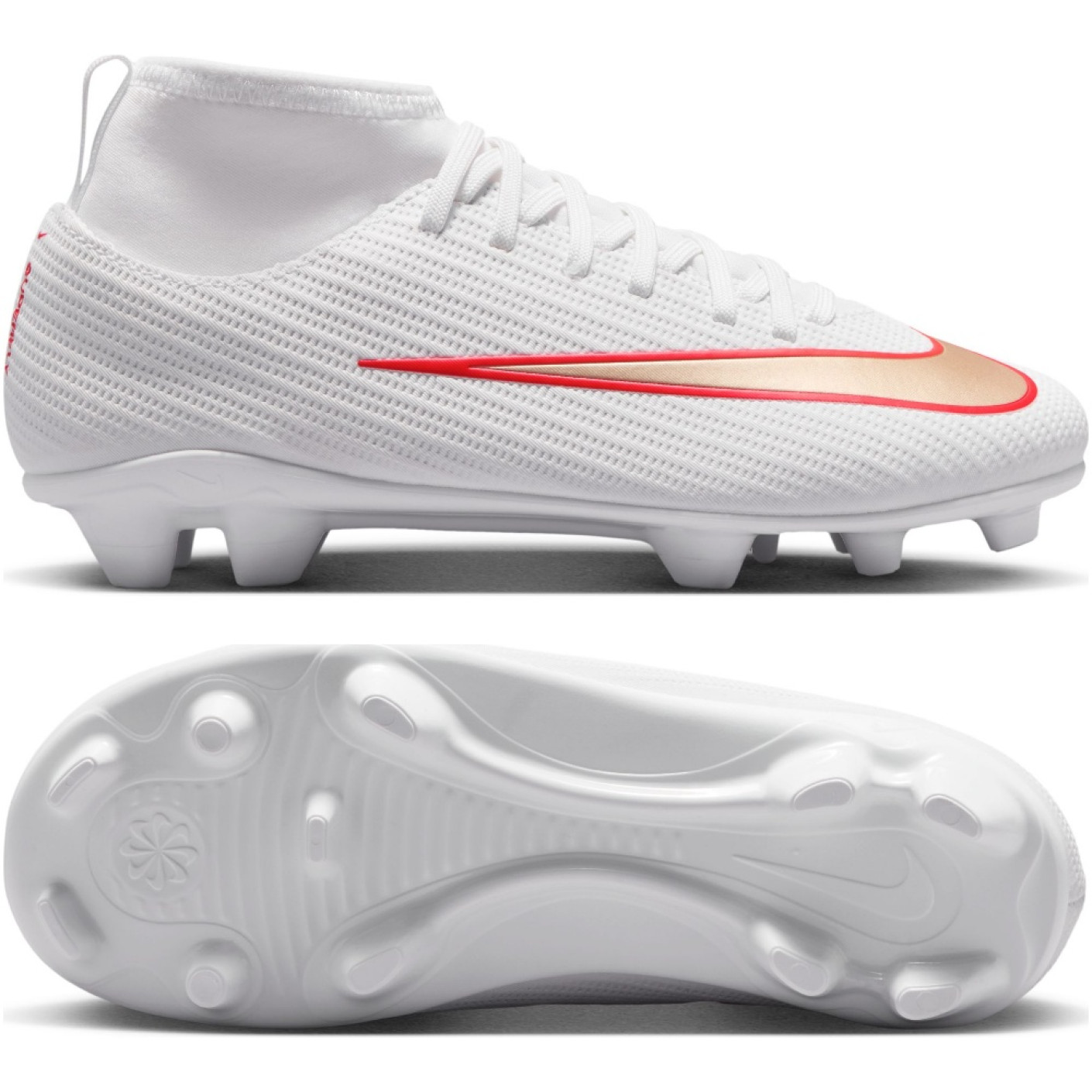 Nike Mercurial Superfly 11 Club Gazon Naturel Artificiel Chaussures de Foot (MG) Tout-Petits Blanc Rouge Vif Doré