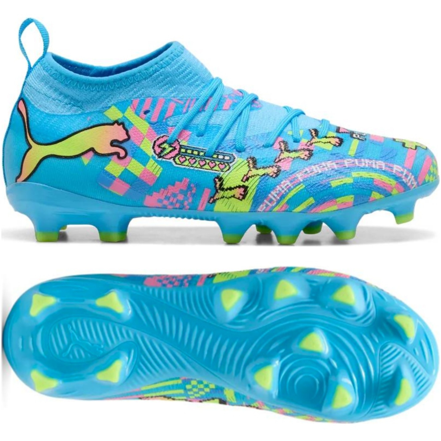 PUMA Future 9 Match ADV Gazon Naturel Artificiel Chaussures de Foot (MG) Enfants Bleu Vif Rose Vif Vert Néon
