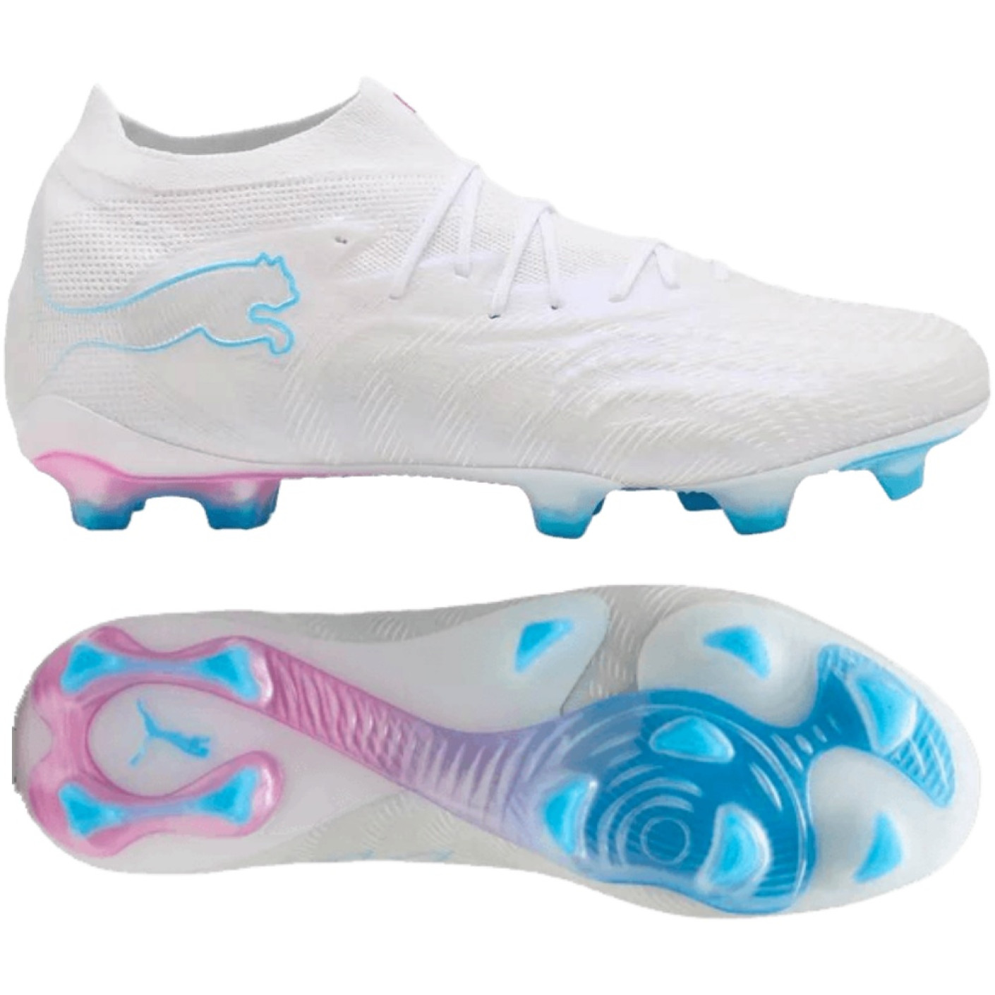 PUMA Future 9 Ultimate Gazon Naturel Chaussures de Foot (FG) Blanc Bleu Vif Rose Vif