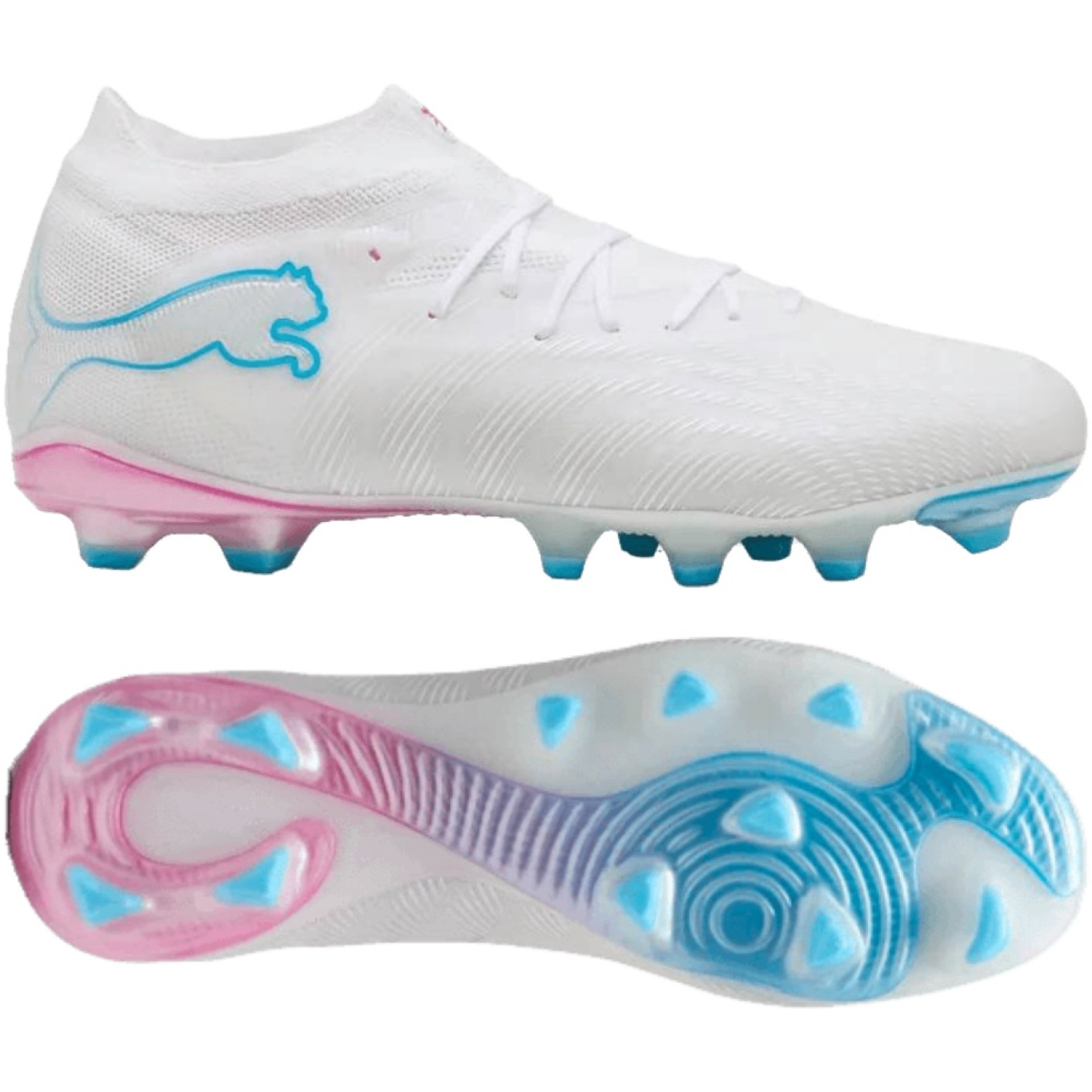 PUMA Future 9 Pro Gazon Naturel Artificiel Chaussures de Foot (MG) Blanc Bleu Vif Rose Vif