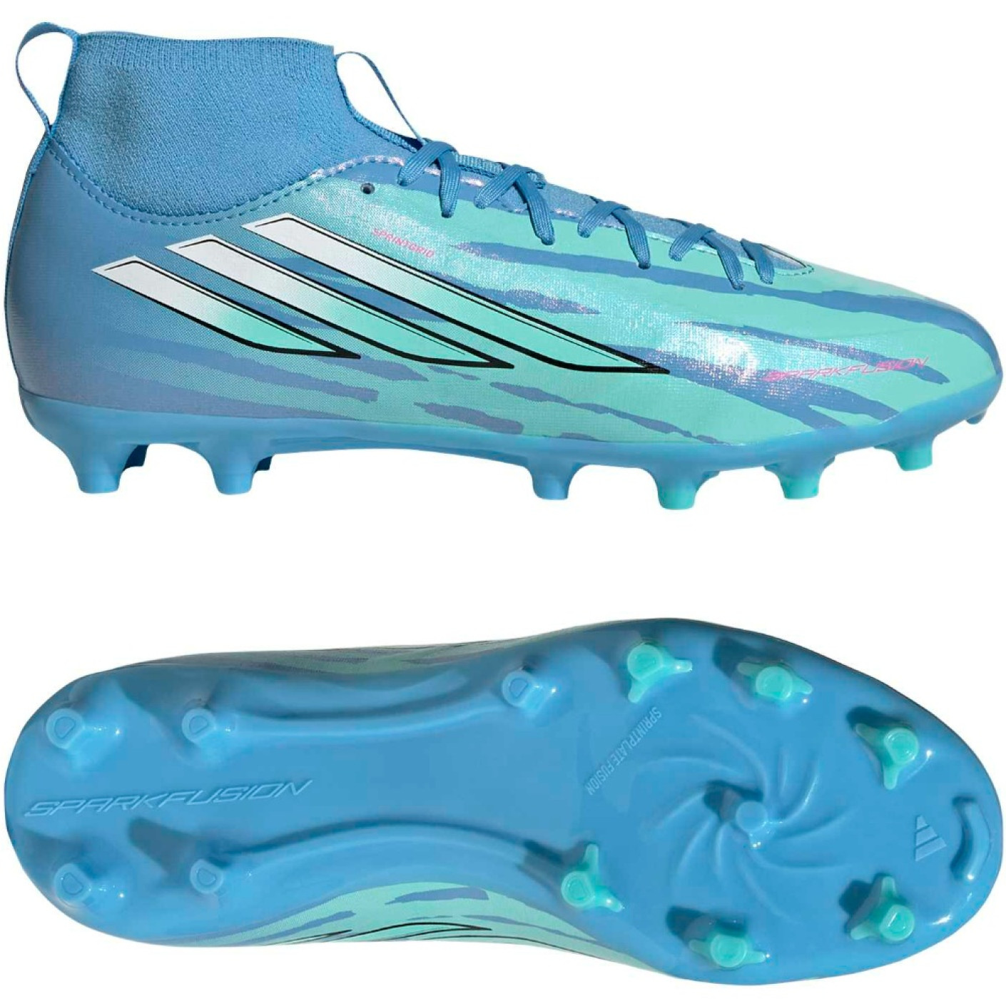 adidas F50 Sparkfusion Trinity League Gazon Naturel Artificiel Chaussures de Foot (MG) Enfants Bleu Bleu Vif Rose Vif