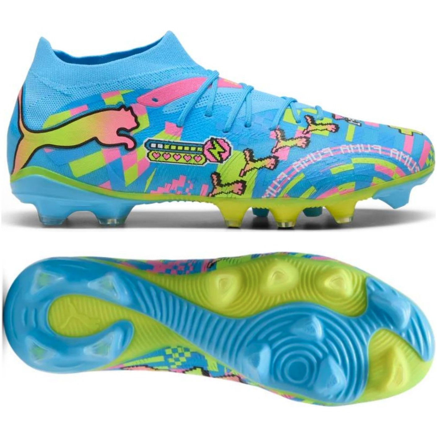 PUMA Future 9 Match ADV Gazon Naturel Artificiel Chaussures de Foot (MG) Bleu Vif Rose Vif Vert Néon