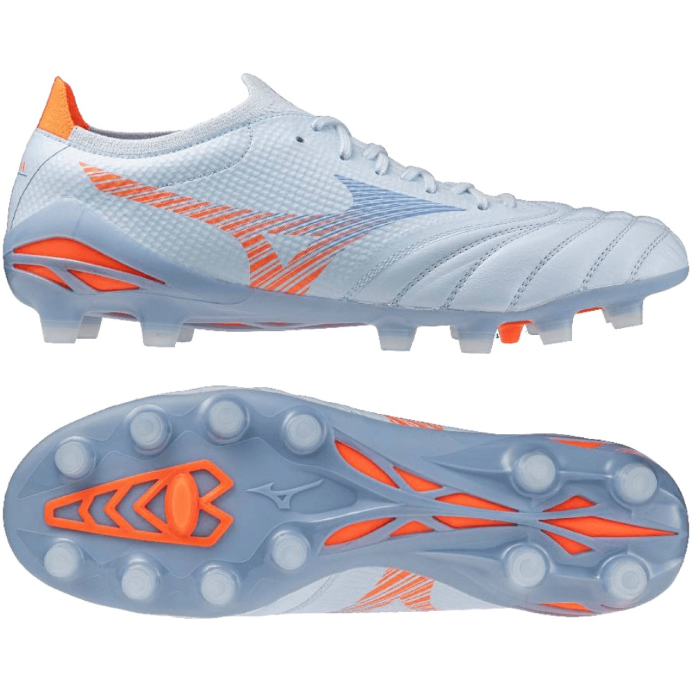 Mizuno Morelia Neo V Beta Pro Gazon Naturel Chaussures de Foot (FG) Bleu Clair Bleu Orange