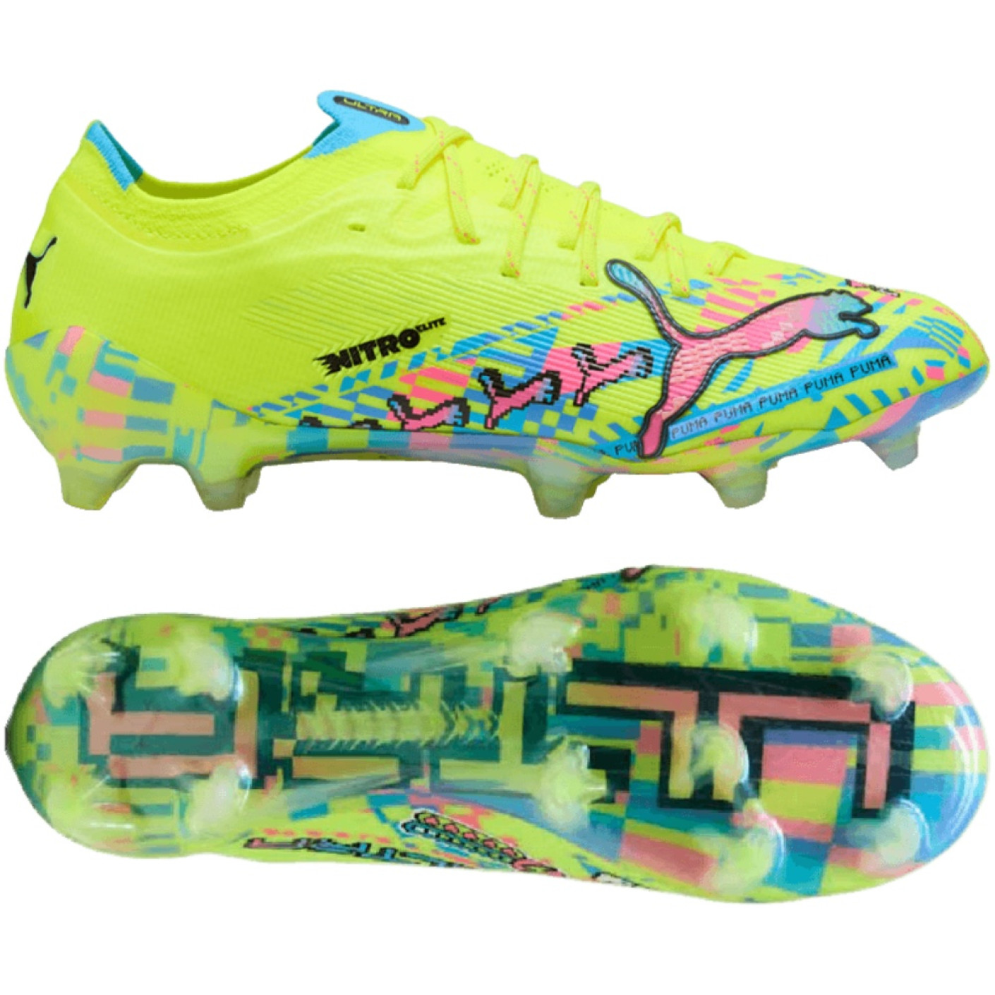 PUMA Ultra Nitro 7 Ultimate ADV Gazon Naturel Chaussures de Foot (FG) Vert Néon Bleu Vif Rose Vif