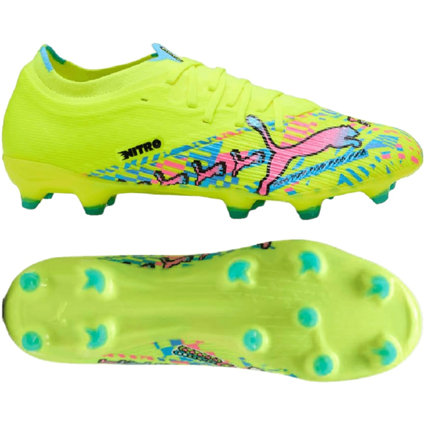 PUMA Ultra Nitro 7 Match Gazon Naturel Artificiel Chaussures de Foot (MG) Vert Néon Bleu Vif Rose Vif