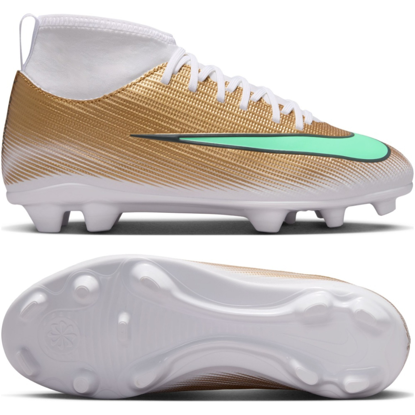 Nike Mercurial Superfly 11 Mbappé Club Gazon Naturel Artificiel Chaussures de Foot (MG) Enfants Doré Vert Blanc