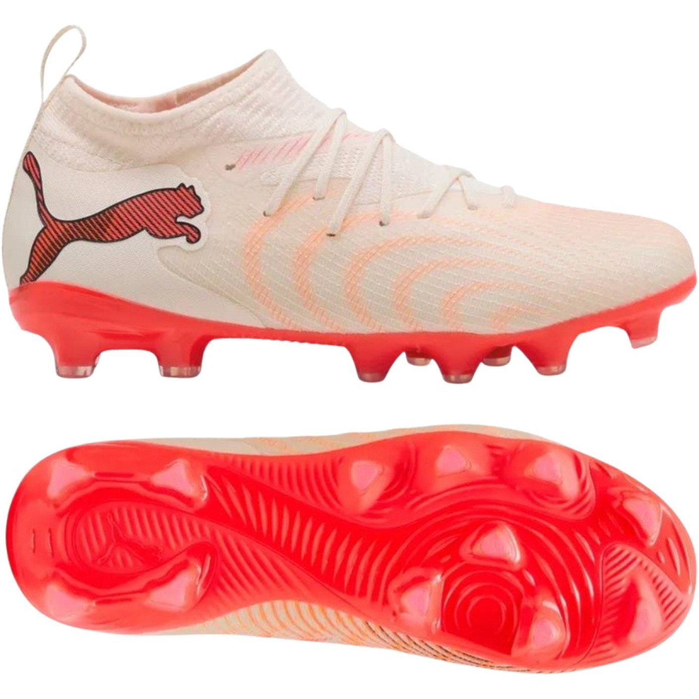 PUMA Future 9 Match Gazon Naturel Artificiel Chaussures de Foot (MG) Enfants Blanc Cassé Noir Rose