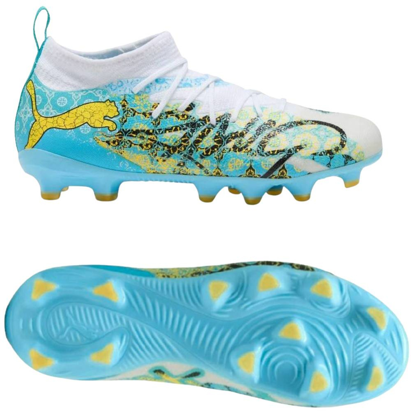 PUMA Future 9 Match Playmaker Gras / Kunstgras Voetbalschoenen (MG) Kids Wit Vibrant Blue Sun Stream Lichtblauw