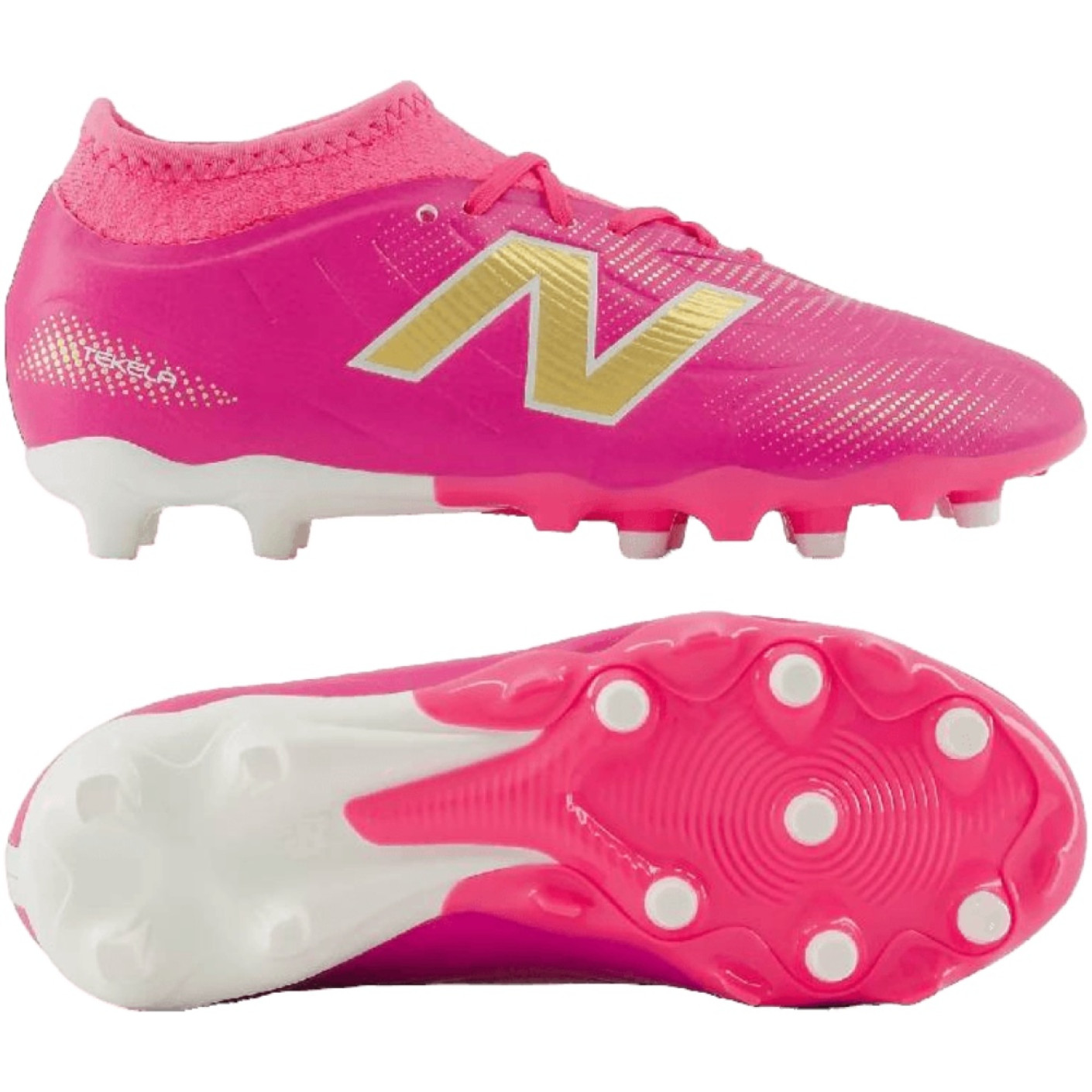 New Balance Tekela V5 Team Gras Voetbalschoenen (FG) Kids Felroze Wit Goud