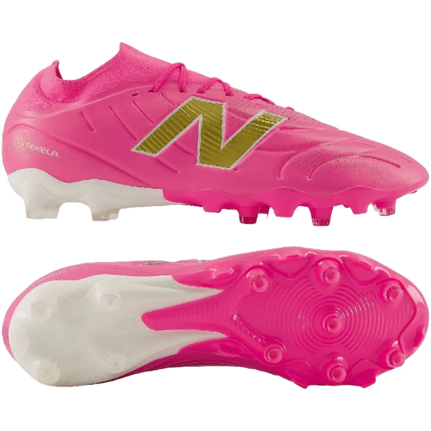 New Balance Tekela V5 Team Low Gras Voetbalschoenen (FG) Felroze Wit Goud