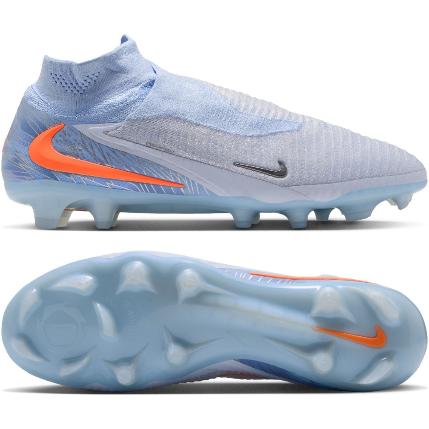 Nike Phantom 6 High Elite Gazon Naturel Chaussures de Foot (FG) Bleu Clair Orange Gris Argenté