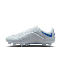 Nike Tiempo Legend 9 Elite Made in Italy Crampons Vissés Gazon Naturel Chaussures de Foot (SG) Anti-Clog Blanc Bleu Argent