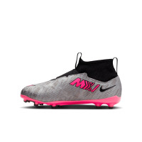 Nike Zoom Mercurial Superfly 9 Pro XXV Sans Lacets Gazon Naturel Chaussures de Foot (FG) Enfants Argenté Rose Noir