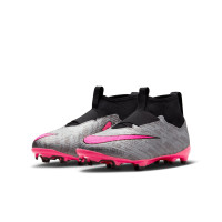 Nike Zoom Mercurial Superfly 9 Pro XXV Sans Lacets Gazon Naturel Chaussures de Foot (FG) Enfants Argenté Rose Noir