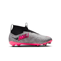 Nike Zoom Mercurial Superfly 9 Pro XXV Sans Lacets Gazon Naturel Chaussures de Foot (FG) Enfants Argenté Rose Noir