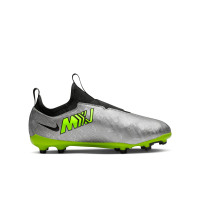 Nike Zoom Mercurial Vapor 15 Academy XXV Sans Lacets Gazon Naturel Artificiel Chaussures de Foot (MG) Enfants Argenté Jaune Vif