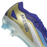 adidas X Crazyfast Messi Elite Gazon Naturel Chaussures de Foot (FG) Enfants Bleu Blanc Doré