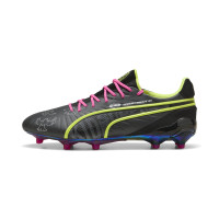 PUMA King Ultimate X KidSuper Gazon Naturel Artificiel Chaussures de Foot (MG) Gris Foncé Jaune Rose