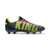 PUMA King Ultimate X KidSuper Gazon Naturel Artificiel Chaussures de Foot (MG) Gris Foncé Jaune Rose