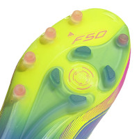 adidas F50 Elite Sans Lacets Gazon Artificiel Chaussures de Foot (AG) Bleu Jaune Néon Rose