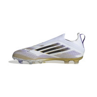 adidas F50 Elite Sans Lacets Gazon Naturel Chaussures de Foot (FG) Enfants Blanc Noir Doré