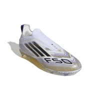 adidas F50 Elite Sans Lacets Gazon Naturel Chaussures de Foot (FG) Enfants Blanc Noir Doré