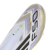 adidas F50 Elite Sans Lacets Gazon Naturel Chaussures de Foot (FG) Enfants Blanc Noir Doré
