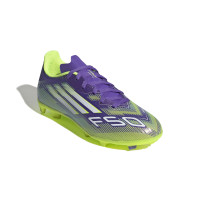 adidas F50 League Gazon Naturel Gazon Artificiel Chaussures de Foot (MG) Enfants Mauve Blanc Néon Jaune