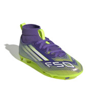 adidas F50 League Mid Gras / Kunstgras Voetbalschoenen (MG) Kids Paars Wit Neongeel