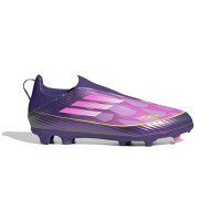 adidas F50 Lamine Yamal League Sans Lacets Gazon Naturel Artificiel Chaussures de Foot (MG) Enfants Mauve Rose Jaune