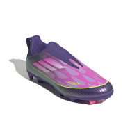adidas F50 Lamine Yamal League Sans Lacets Gazon Naturel Artificiel Chaussures de Foot (MG) Enfants Mauve Rose Jaune