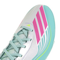 adidas F50 Messi Elite Gazon Naturel Chaussures de Foot (FG) Enfants Blanc Turquoise Rose