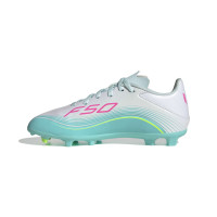 adidas F50 Messi League Gazon Naturel Artificiel Chaussures de Foot (MG) Enfants Blanc Turquoise Rose