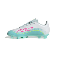 adidas F50 Messi Club Gazon Naturel Artificiel Chaussures de Foot (MG) Enfants Blanc Turquoise Rose