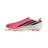 adidas F50 Hyperfast League Sans Lacets Gazon Naturel Chaussures de Foot (FG) Rose Vif Noir Doré Blanc