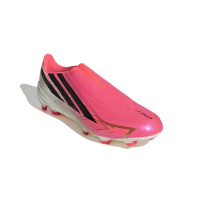 adidas F50 Hyperfast League Sans Lacets Gazon Naturel Chaussures de Foot (FG) Rose Vif Noir Doré Blanc