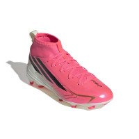 adidas F50 Hyperfast League Mid Gras Voetbalschoenen (FG) Kids Felroze Zwart Goud Wit
