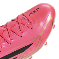 adidas F50 Hyperfast League Mid Gras Voetbalschoenen (FG) Kids Felroze Zwart Goud Wit