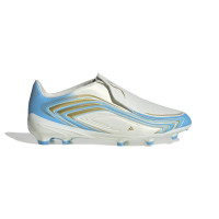 adidas F50 Messi League Sans Lacets Gazon Naturel Chaussures de Foot (FG) Enfants Blanc Bleu Clair Doré