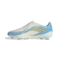 adidas F50 Messi League Sans Lacets Gazon Naturel Chaussures de Foot (FG) Enfants Blanc Bleu Clair Doré
