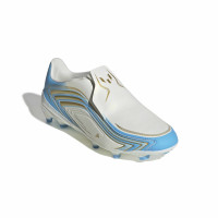adidas F50 Messi League Sans Lacets Gazon Naturel Chaussures de Foot (FG) Enfants Blanc Bleu Clair Doré