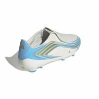 adidas F50 Messi League Sans Lacets Gazon Naturel Chaussures de Foot (FG) Enfants Blanc Bleu Clair Doré