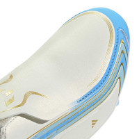 adidas F50 Messi League Sans Lacets Gazon Naturel Chaussures de Foot (FG) Enfants Blanc Bleu Clair Doré