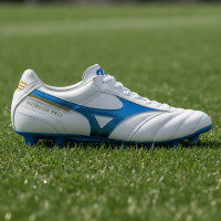 Mizuno Morelia II Pro Gazon Naturel Chaussures de Foot (FG) Blanc Bleu Doré