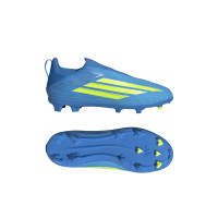 adidas F50 League Sans Lacets Gazon Naturel Artificiel Chaussures de Foot (MG) Enfants Bleu Néon Jaune