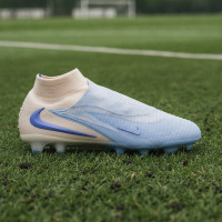 Nike Phantom 6 High LV8 Elite Gazon Naturel Chaussures de Foot (FG) Blanc Cassé Bleu Clair Bleu